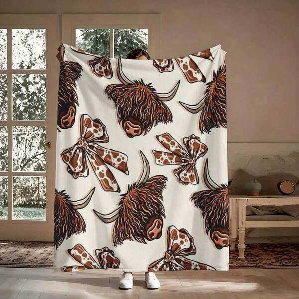 1PC Highland Cow Print Flannel Throw Blanket 50"X60" - Printed With Cream Background, Fluffy Brown Cow Head With Long Horns, Cow Print Bow, Tapestry Wall Hanging, Cow Lover Gift, Room Decor For Bedroom Or Dorm