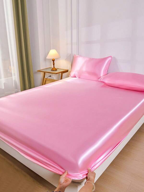 1pc Solid Pink Satin Faux Silk Fitted Sheet, Includes 1pc Fitted Sheet, Suitable For Home King, Queen, Full, Twin Size Beds, Deep Pocket Design Up To 11.8 Inches, Breathable And Wrinkle-Resistant, Machine Washable, Dorm Bedding, Back To School